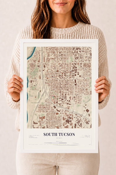 South Tucson, Arizona map print, 12" x 18", W/ White Ayous Wood Frame