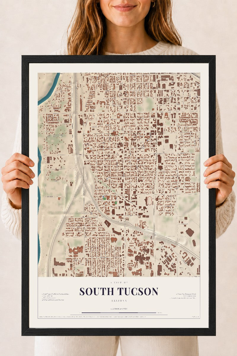 South Tucson, Arizona map print, 18" x 24", W/ Black Ayous Wood Frame