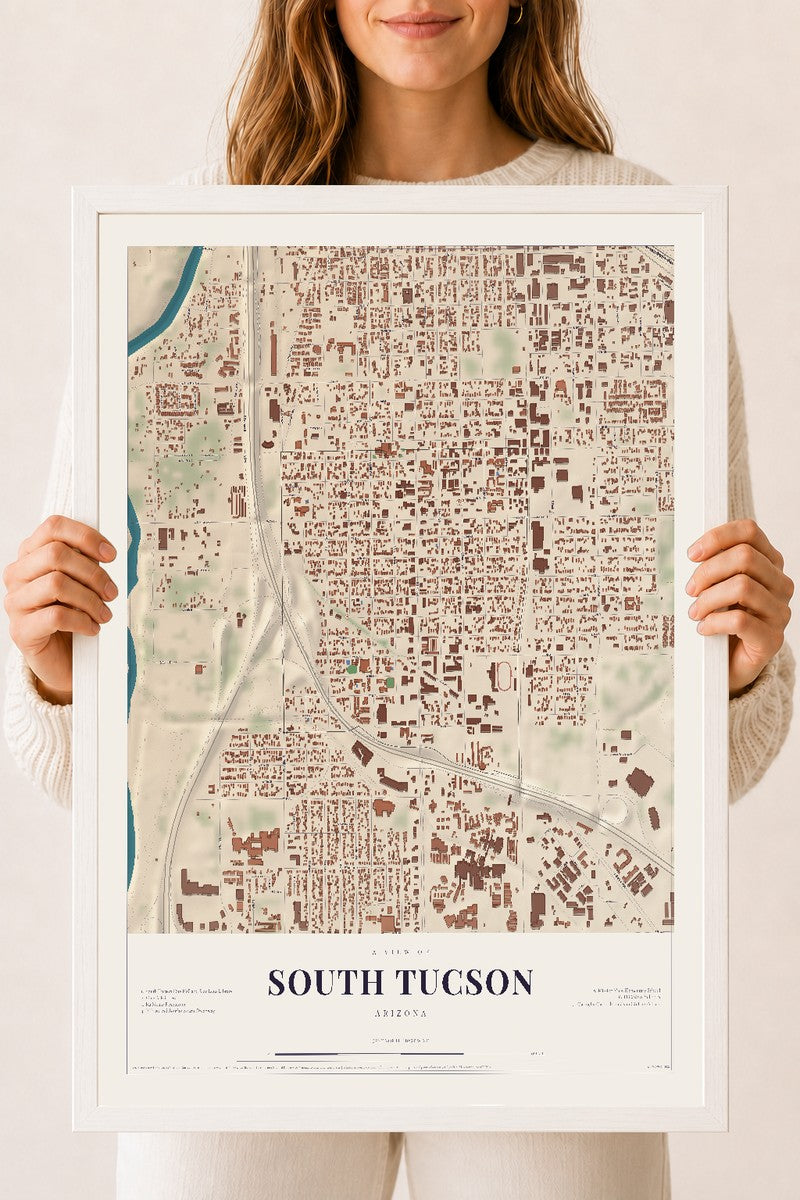 South Tucson, Arizona map print, 18" x 24", W/ White Ayous Wood Frame