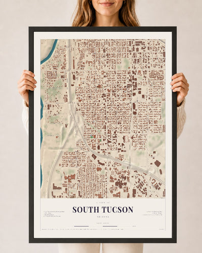South Tucson, Arizona map print, 24" x 36", W/ Black Ayous Wood Frame