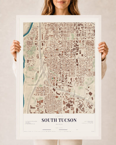 South Tucson, Arizona map print, 24" x 36", W/ White Ayous Wood Frame