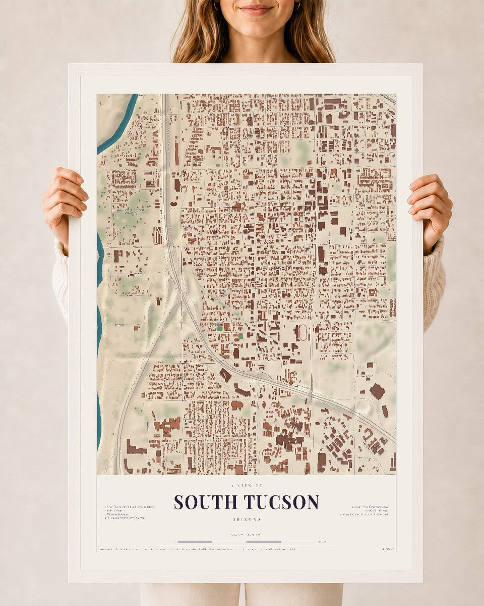 South Tucson, Arizona map print, 24" x 36", W/ White Ayous Wood Frame