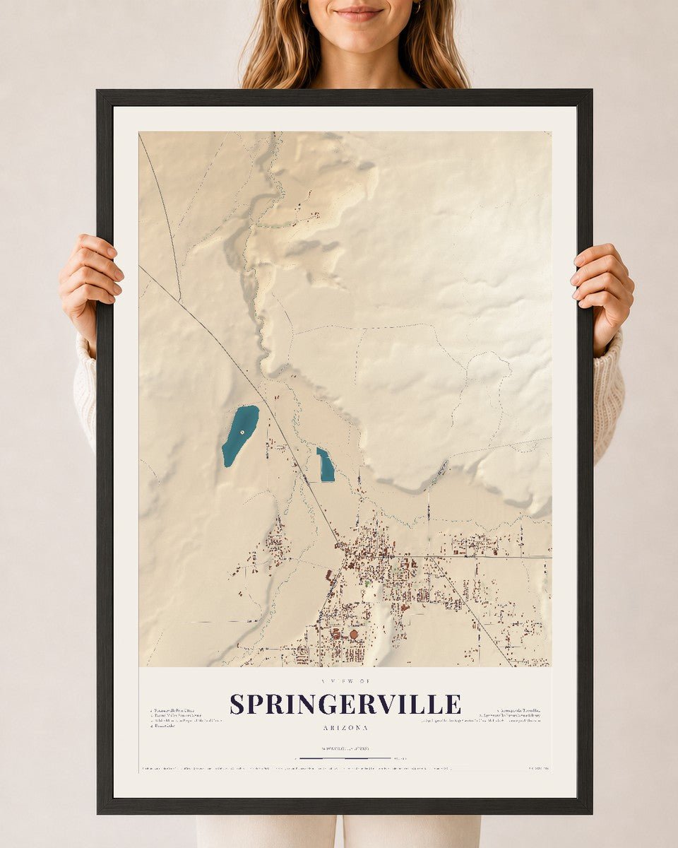 Springerville, Arizona map print, 24" x 36", W/ Black Ayous Wood Frame