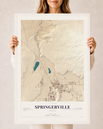 Springerville, Arizona map print, 24" x 36", W/ White Ayous Wood Frame