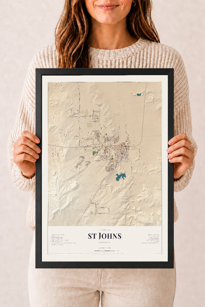 St Johns, Arizona map print, 12" x 18", W/ Black Ayous Wood Frame