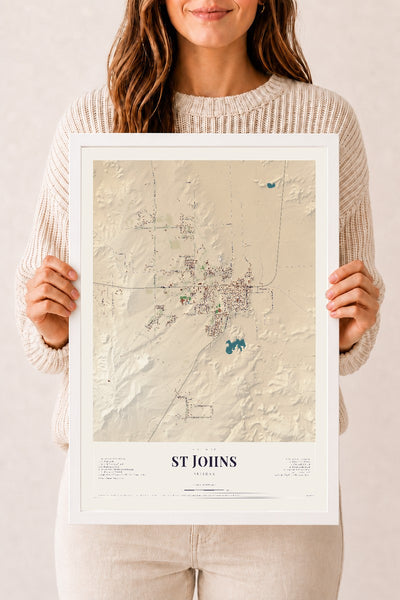 St Johns, Arizona map print, 12" x 18", W/ White Ayous Wood Frame