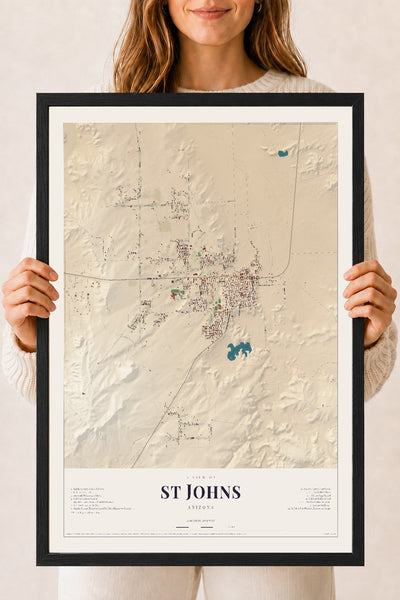 St Johns, Arizona map print, 18" x 24", W/ Black Ayous Wood Frame
