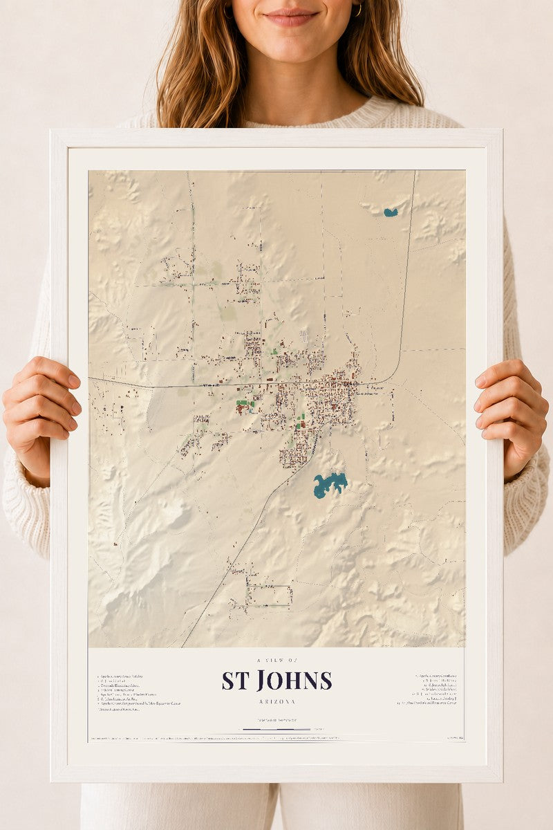 St Johns, Arizona map print, 18" x 24", W/ White Ayous Wood Frame