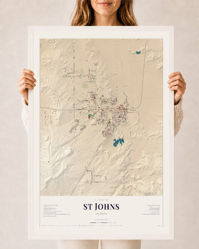St Johns, Arizona map print, 24" x 36", W/ White Ayous Wood Frame