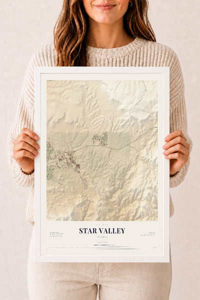 Star Valley, Arizona map print, 12" x 18", W/ White Ayous Wood Frame
