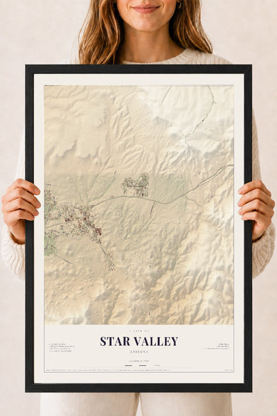 Star Valley, Arizona map print, 18" x 24", W/ Black Ayous Wood Frame