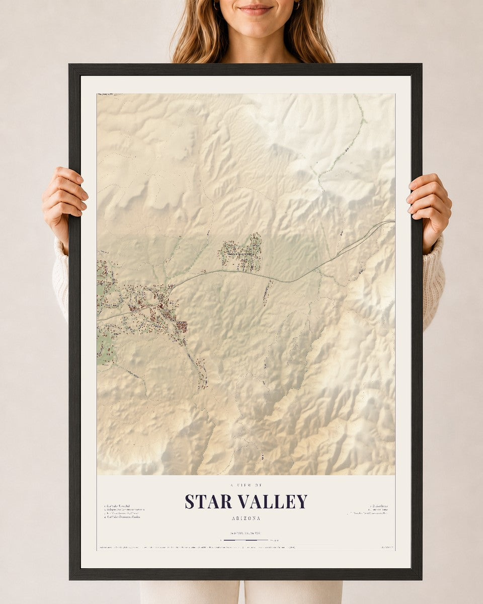 Star Valley, Arizona map print, 24" x 36", W/ Black Ayous Wood Frame