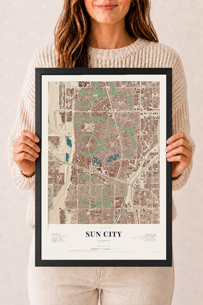 Sun City, Arizona map print, 12" x 18", W/ Black Ayous Wood Frame