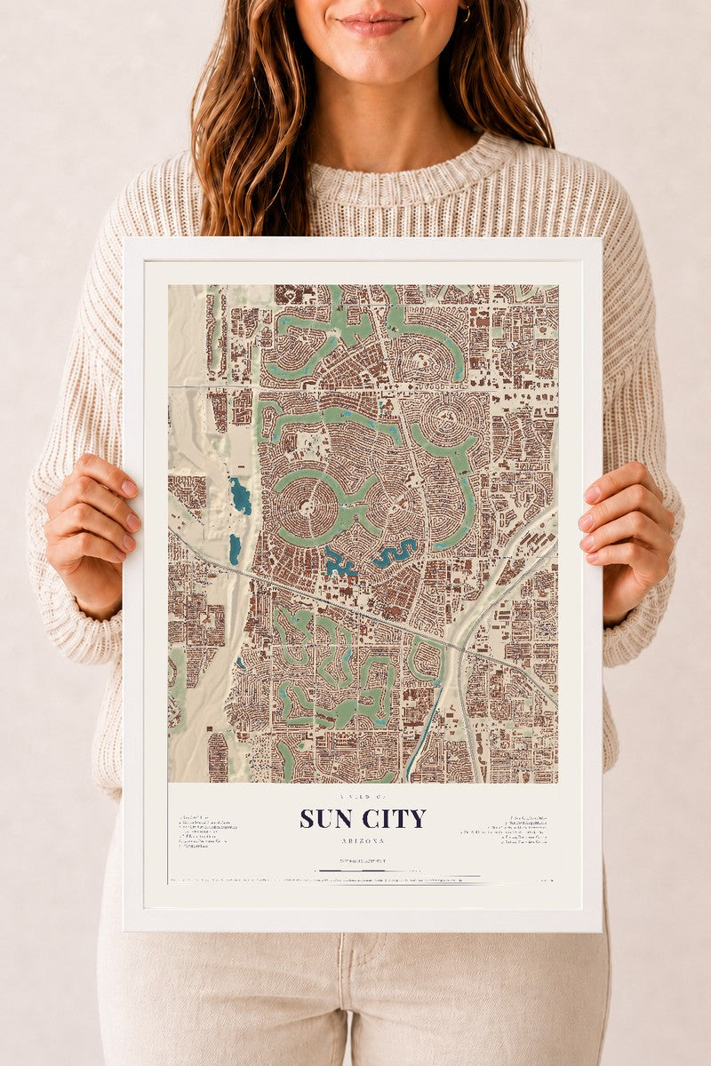 Sun City, Arizona map print, 12" x 18", W/ White Ayous Wood Frame