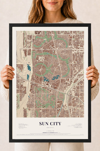 Sun City, Arizona map print, 18" x 24", W/ Black Ayous Wood Frame