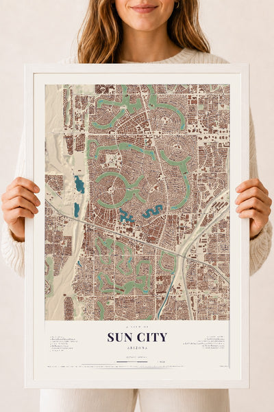 Sun City, Arizona map print, 18" x 24", W/ White Ayous Wood Frame