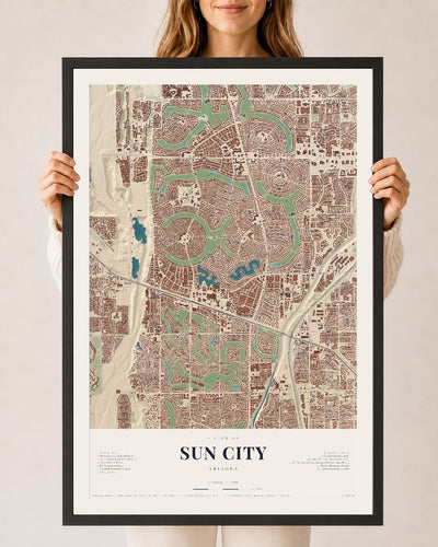 Sun City, Arizona map print, 24" x 36", W/ Black Ayous Wood Frame