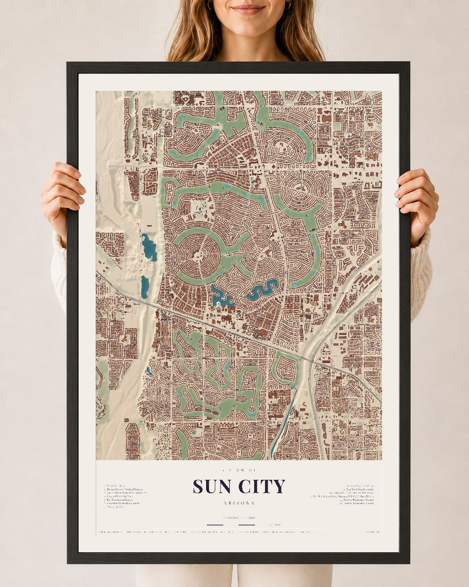 Sun City, Arizona map print, 24" x 36", W/ Black Ayous Wood Frame