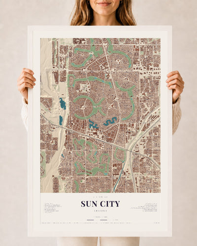 Sun City, Arizona map print, 24" x 36", W/ White Ayous Wood Frame