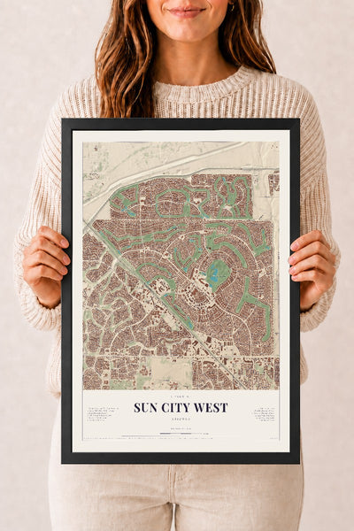Sun City West, Arizona map print, 12" x 18", W/ Black Ayous Wood Frame