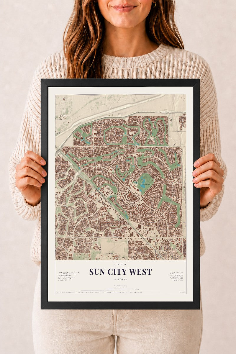 Sun City West, Arizona map print, 12" x 18", W/ Black Ayous Wood Frame