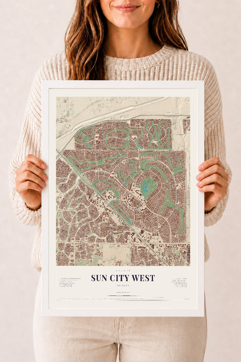 Sun City West, Arizona map print, 12" x 18", W/ White Ayous Wood Frame