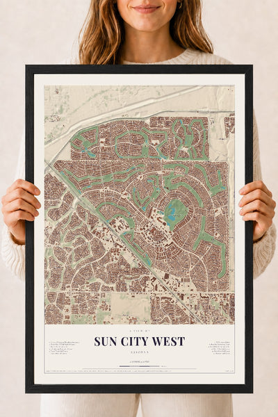 Sun City West, Arizona map print, 18" x 24", W/ Black Ayous Wood Frame