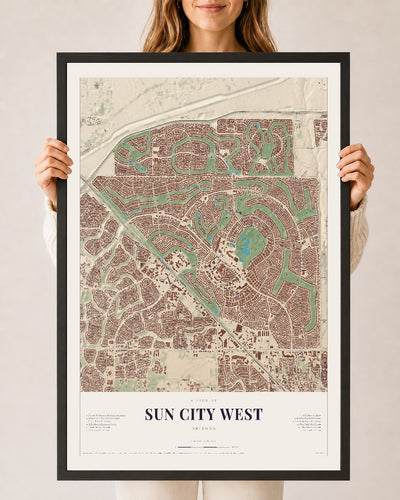 Sun City West, Arizona map print, 24" x 36", W/ Black Ayous Wood Frame