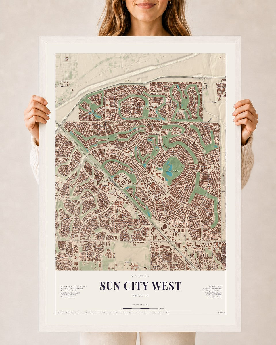 Sun City West, Arizona map print, 24" x 36", W/ White Ayous Wood Frame