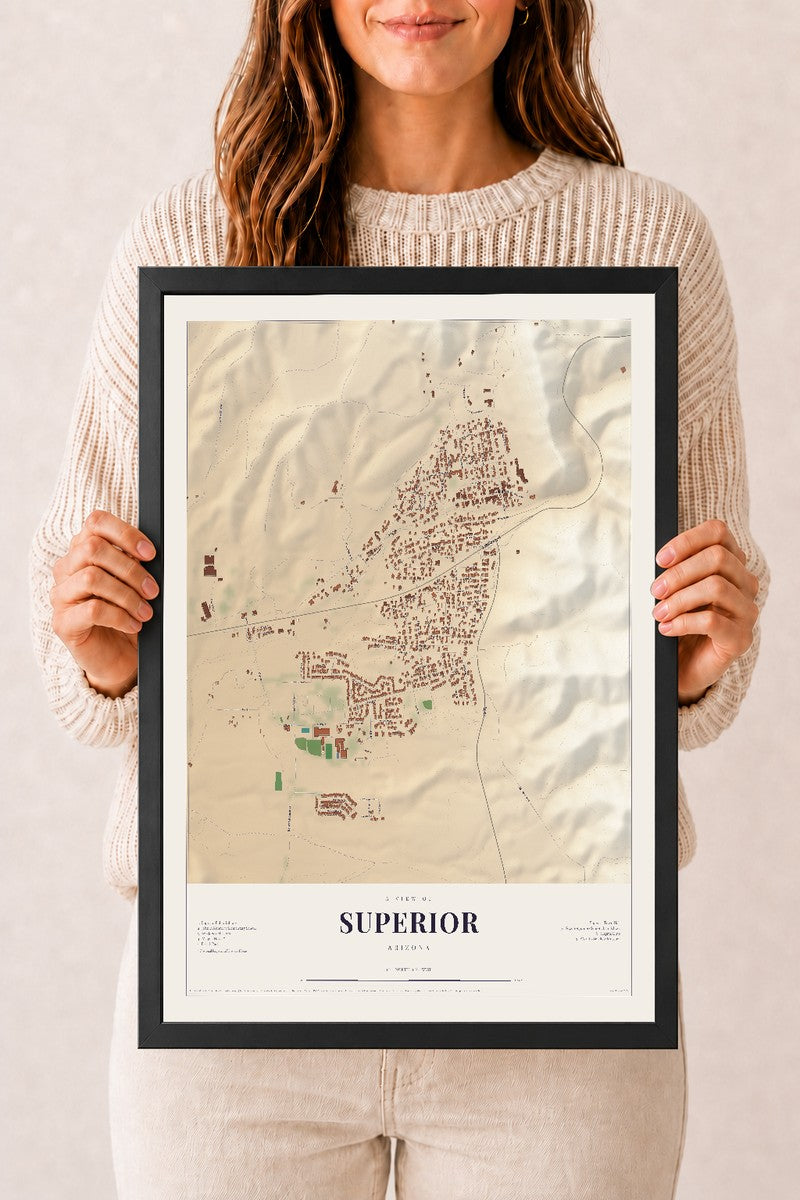 Superior, Arizona map print, 12" x 18", W/ Black Ayous Wood Frame