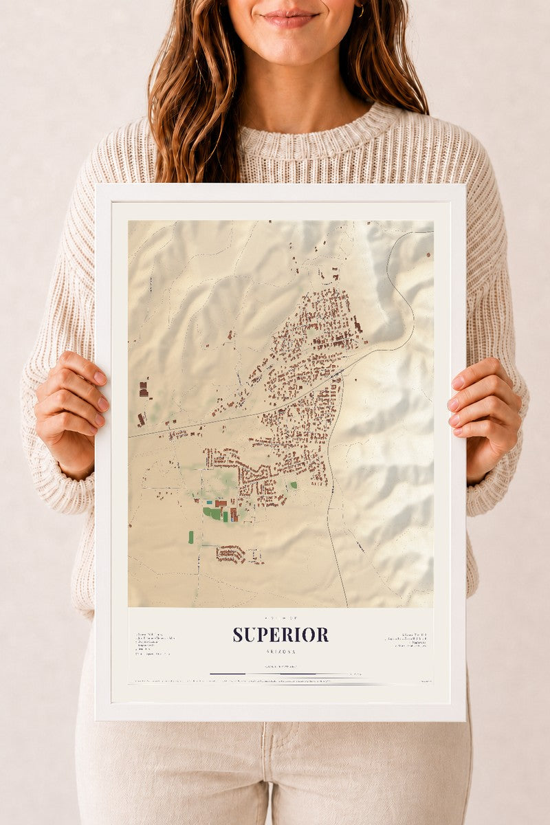 Superior, Arizona map print, 12" x 18", W/ White Ayous Wood Frame