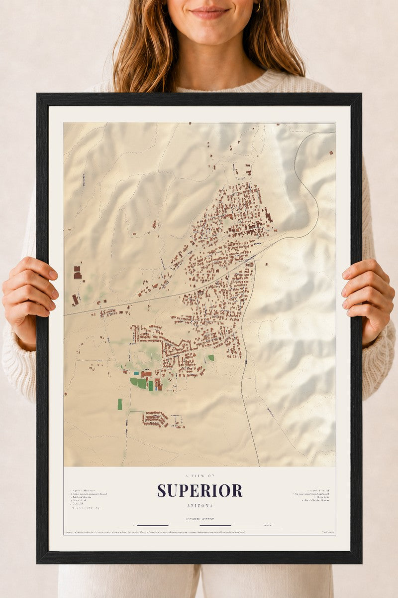 Superior, Arizona map print, 18" x 24", W/ Black Ayous Wood Frame