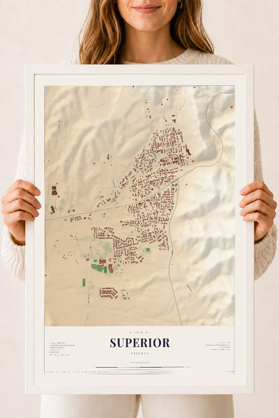 Superior, Arizona map print, 18" x 24", W/ White Ayous Wood Frame