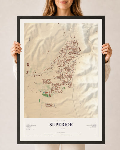 Superior, Arizona map print, 24" x 36", W/ Black Ayous Wood Frame