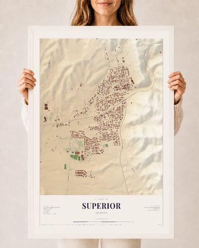 Superior, Arizona map print, 24" x 36", W/ White Ayous Wood Frame
