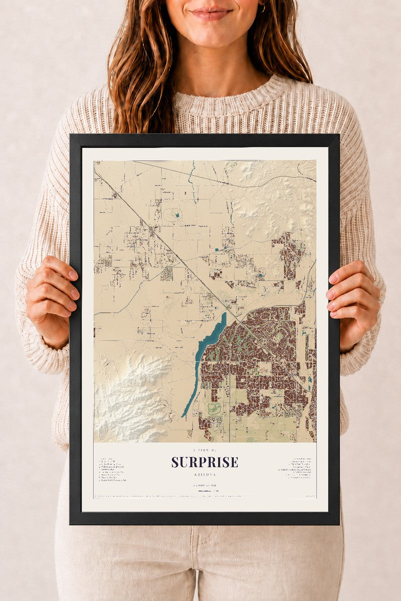 Surprise, Arizona map print, 12" x 18", W/ Black Ayous Wood Frame