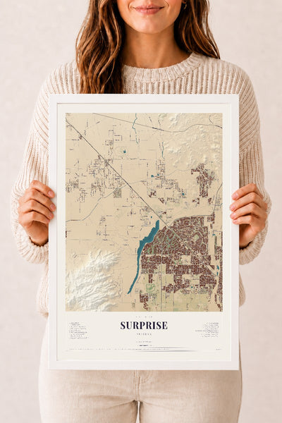Surprise, Arizona map print, 12" x 18", W/ White Ayous Wood Frame