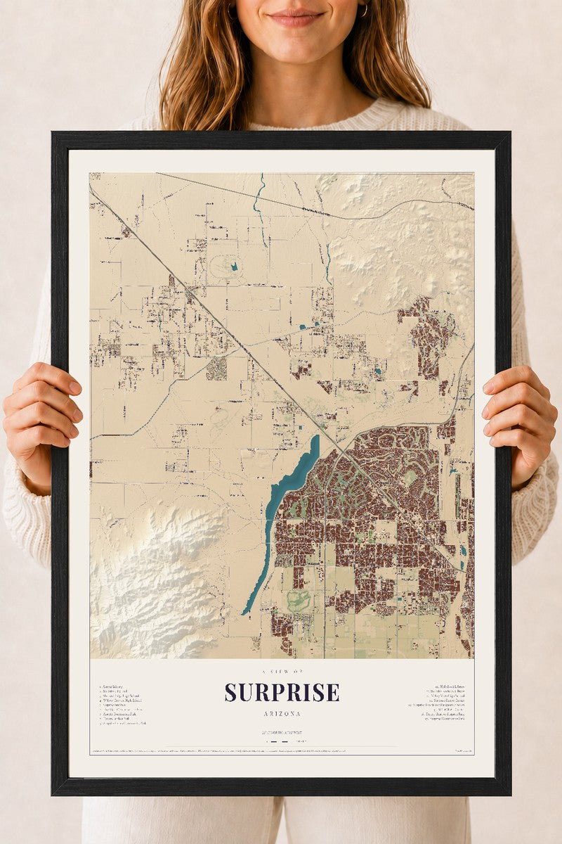 Surprise, Arizona map print, 18" x 24", W/ Black Ayous Wood Frame