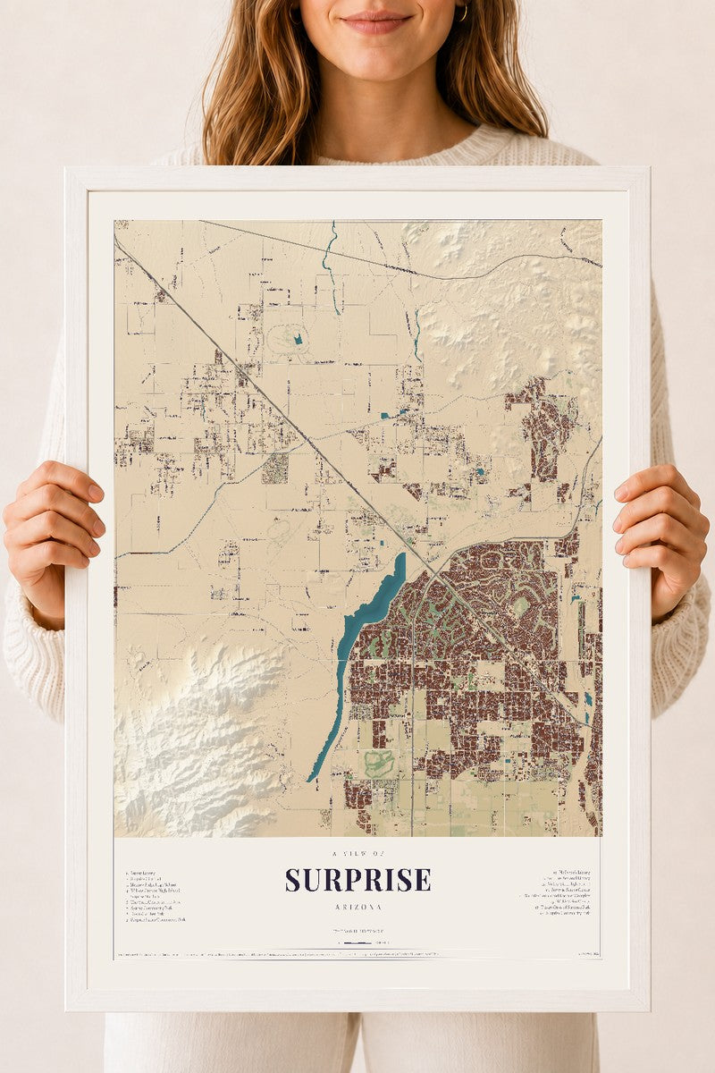 Surprise, Arizona map print, 18" x 24", W/ White Ayous Wood Frame