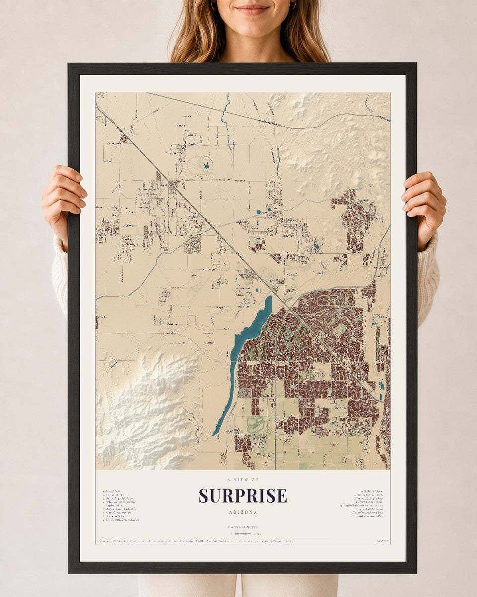 Surprise, Arizona map print, 24" x 36", W/ Black Ayous Wood Frame
