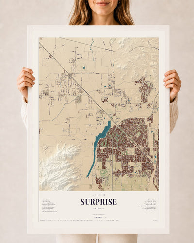 Surprise, Arizona map print, 24" x 36", W/ White Ayous Wood Frame