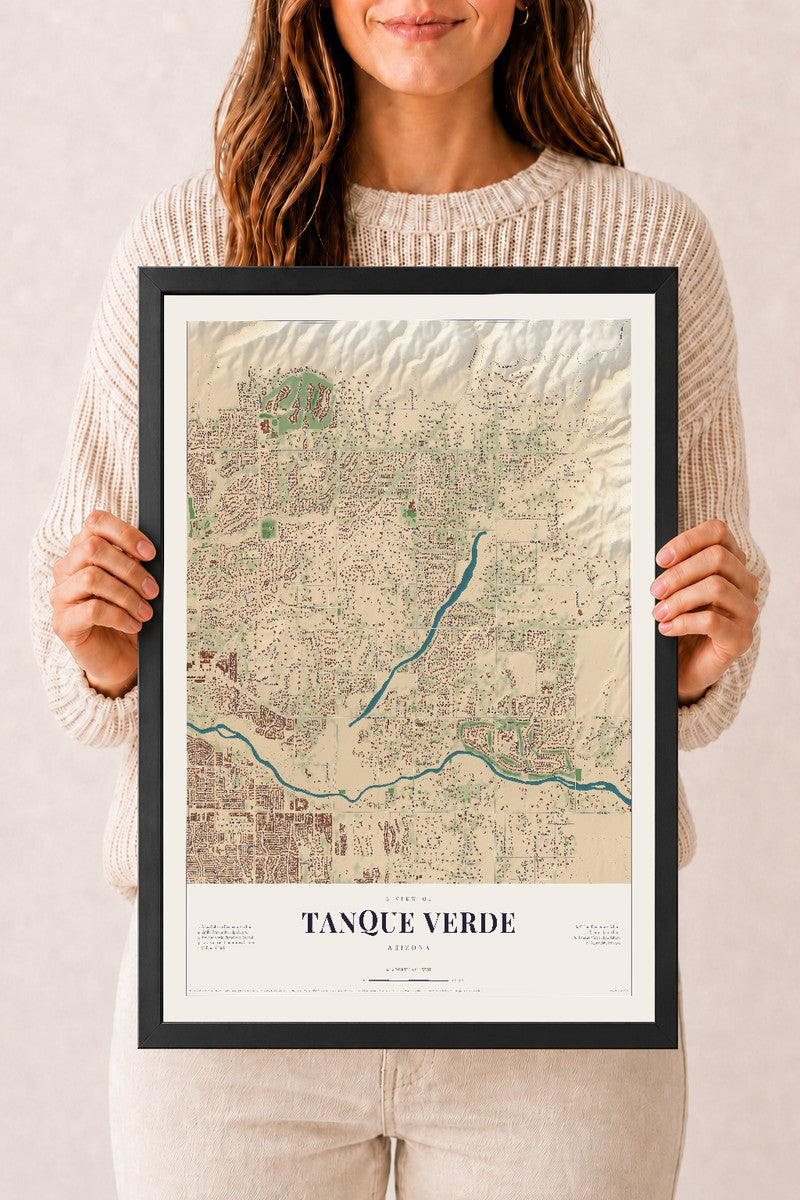 Tanque Verde, Arizona map print, 12" x 18", W/ Black Ayous Wood Frame