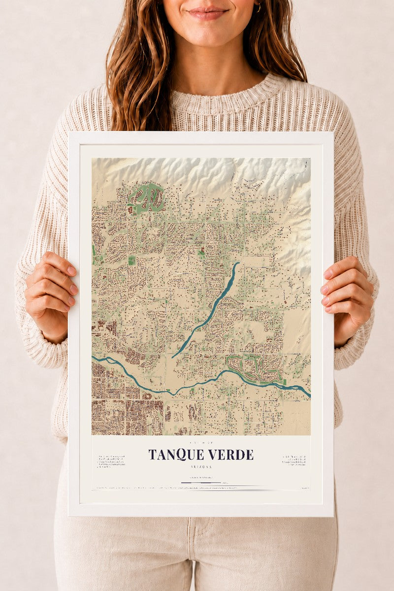 Tanque Verde, Arizona map print, 12" x 18", W/ White Ayous Wood Frame