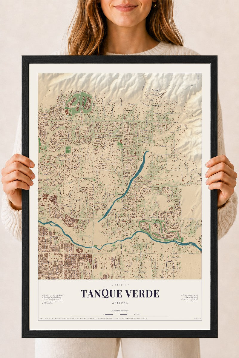 Tanque Verde, Arizona map print, 18" x 24", W/ Black Ayous Wood Frame