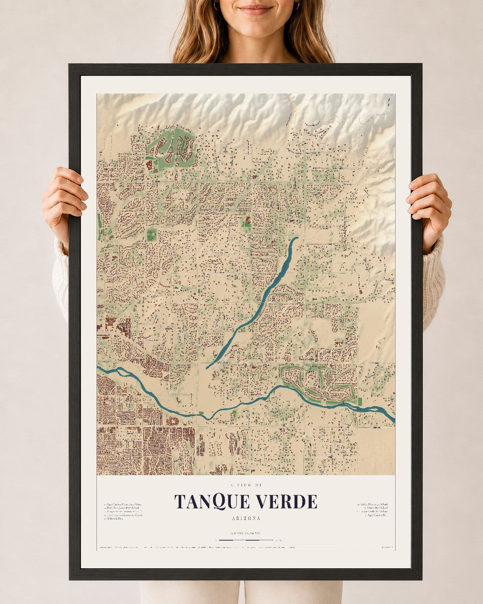 Tanque Verde, Arizona map print, 24" x 36", W/ Black Ayous Wood Frame