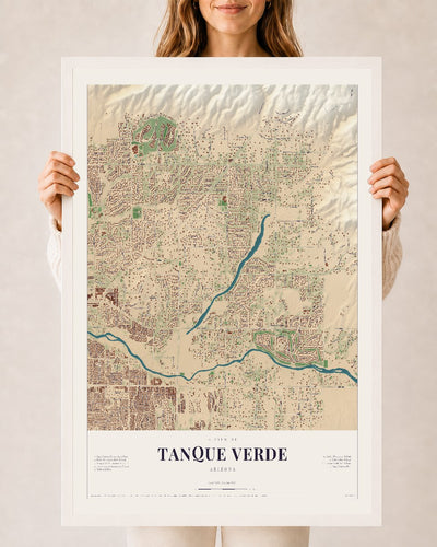 Tanque Verde, Arizona map print, 24" x 36", W/ White Ayous Wood Frame
