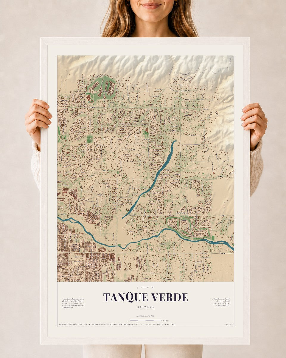 Tanque Verde, Arizona map print, 24" x 36", W/ White Ayous Wood Frame