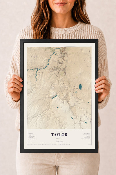 Taylor, Arizona map print, 12" x 18", W/ Black Ayous Wood Frame