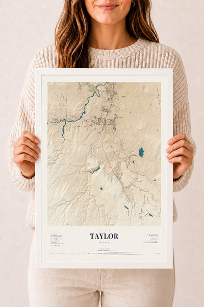 Taylor, Arizona map print, 12" x 18", W/ White Ayous Wood Frame