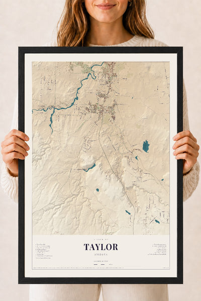 Taylor, Arizona map print, 18" x 24", W/ Black Ayous Wood Frame